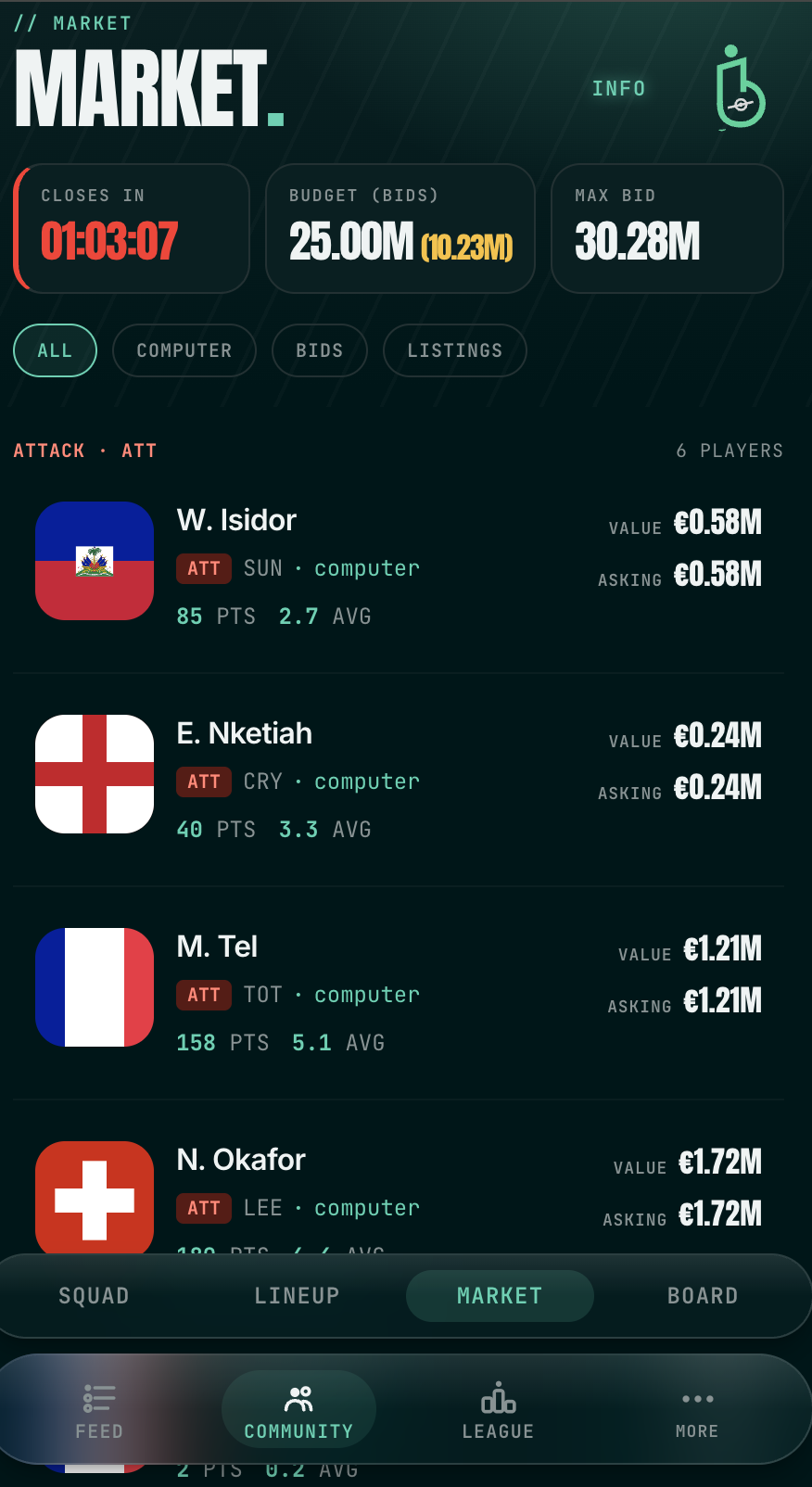Entrenaro transfer market screen